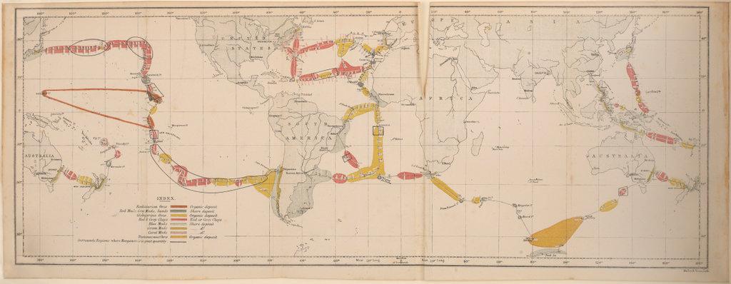 A map of the world, with shading indicating where ocean sediment samples were taken during the voyage of HMS Challenger